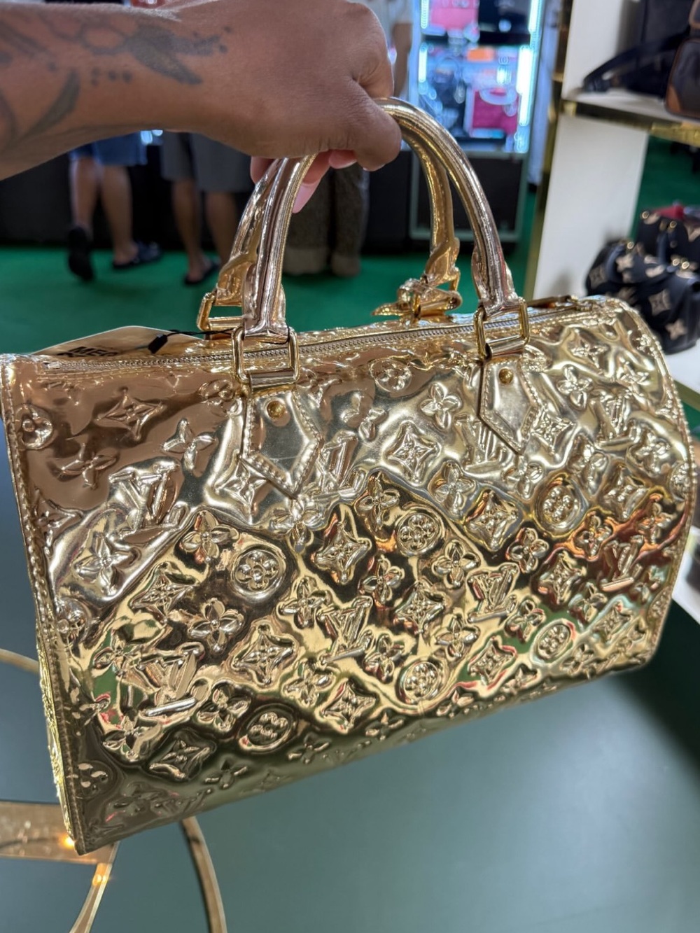 Gold Embossed Metallic Satchel Bag - Women's Handbag
